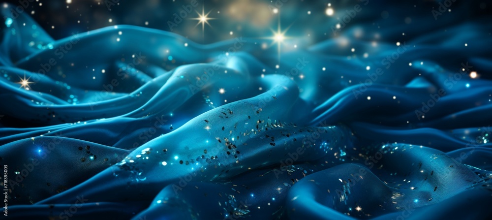 Poster glistening elegance: a mesmerizing display of sparkled glitter bathed in soft blue light, crafted in