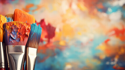 Row of artist paintbrushes closeup on artistic canvas - obrazy, fototapety, plakaty