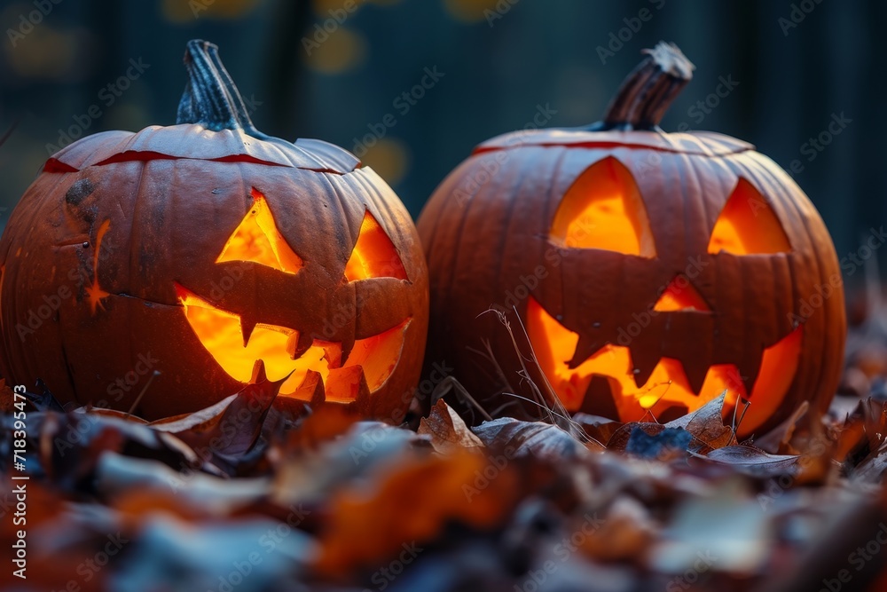 Wall mural halloween night, pumpkin in nature with burning eyes, dark atmosphere