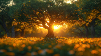 The image of a summer tree in a park, in the background of which a bright sun flickers, creating a