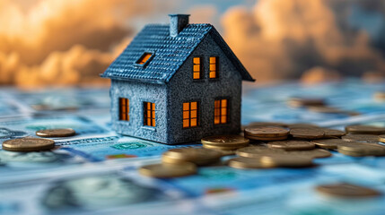 The image of the house, clouds from banknotes symbolizing successful investments in real estate an - obrazy, fototapety, plakaty