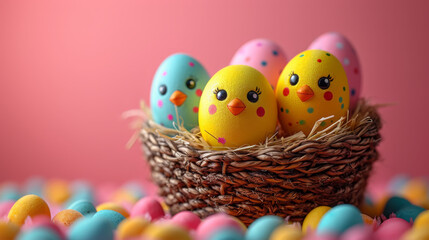 Fototapeta na wymiar Colorful Easter basket with cute chick-themed decorative eggs