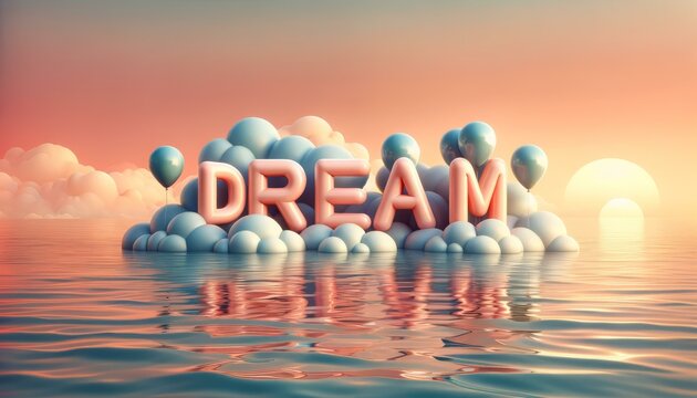 Inspirational Dream Word with Clouds and Sunset, Motivation Concept