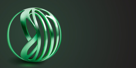 Illustration with green abstract object made of interlaced thin plates, curved and intertwined in the shape of a sphere, with shadows on a dark background