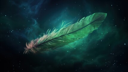  a close up of a green feather on a blue and green background with a star filled sky in the background.
