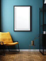 Yellow armchair in a modern living room with a mockup of a framed artwork on the blue wall. Artistic home, stylish decor, interior design. Blank framed picture with copy space.
