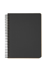 Closed spiral bound notepad with black cover isolated on white, transparent background, PNG. Top view, copy space for text, template, mockup.