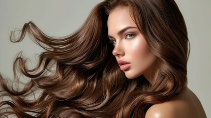 Obraz premium Brunette girl with long and shiny wavy hair Beautiful model with curly hairstyle