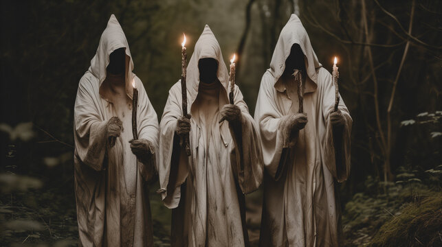 scary cult members in white with candles