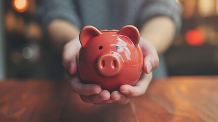 Man hand holding piggy bank on wood table, saving money wealth and financial concept, Business, finance, investment, Financial planning. - obrazy, fototapety, plakaty