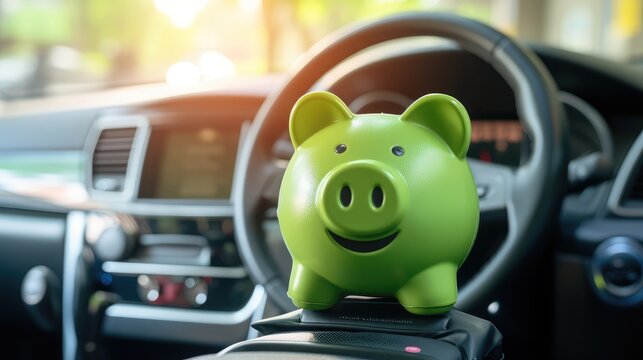 Green piggy bank money box in car interior, vehicle purchase, insurance or driving and motoring cos
