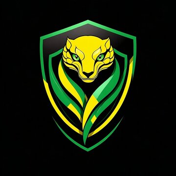 Snake Logo: Modern, minimalist esports, mascot snake logo isolated. Snake's logo with green eyes, yellow scales & a shield on a black background. Logo. Generative AI