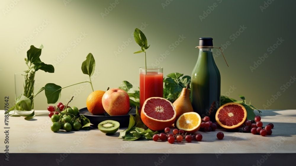 Poster a table topped with a bottle of juice next to a bunch of different types of fruits and veggies.