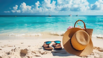 Fototapeta na wymiar Straw hat, bag, sun glasses and flip flops on a tropical beach