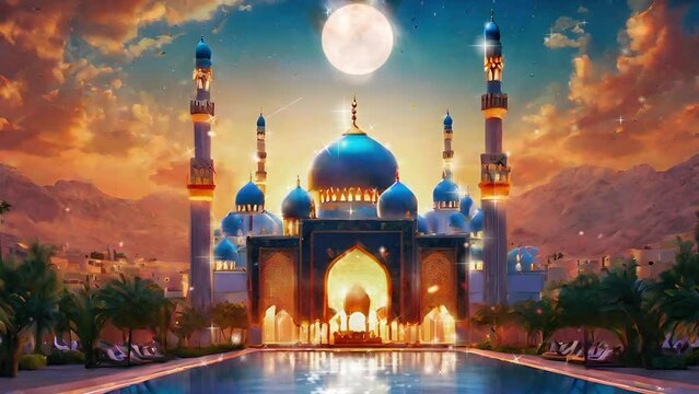 Ramadan Kareem Islamic celebration with a beautiful mosque and full moon background 