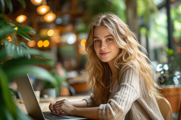 Smiling woman working on laptop in a cafe