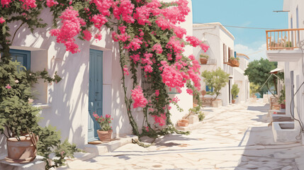 Fototapeta na wymiar Street in a Greek Villiage with Pink Flowers White Stucco Cobblestone 