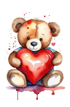 St Valentine's day watercolor illustration - cute cartoon teddy bear character holding big red heart