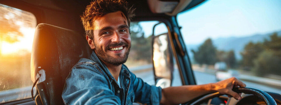 happy trucker in his truck cabin.