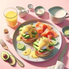 Tasty breakfast - benedict with avocado, salmon and poached egg isolated on a pastel pink background. Trendy health eating concept in minimalism style. Food flat lay, for website, design and banners.