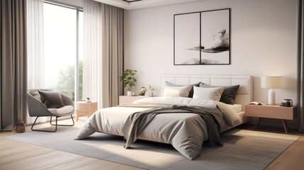  a bedroom with a large window and a bed with a white comforter and a gray blanket on top of it.