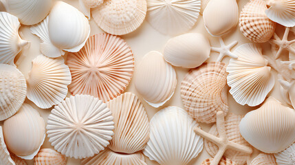 Neutral beige and white seashells pattern background - obrazy, fototapety, plakaty