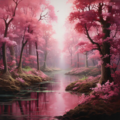 Mystical forest in pink fog. Colorful landscape with enchanted pink trees reflected in the water of a forest river.  Dreamy scenery.