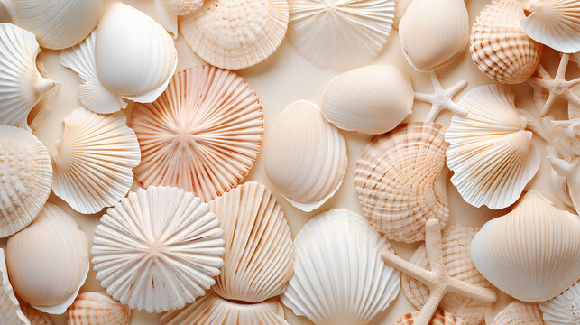 Neutral beige and white seashells pattern background
