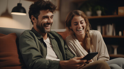Fototapeta premium Couple lifestyle at home. They are lying on the couch watching social media funny videos, having fun together