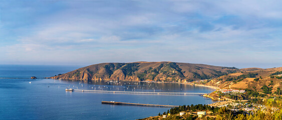 Panorama view of harbor, ocean, coast, city, town, piers