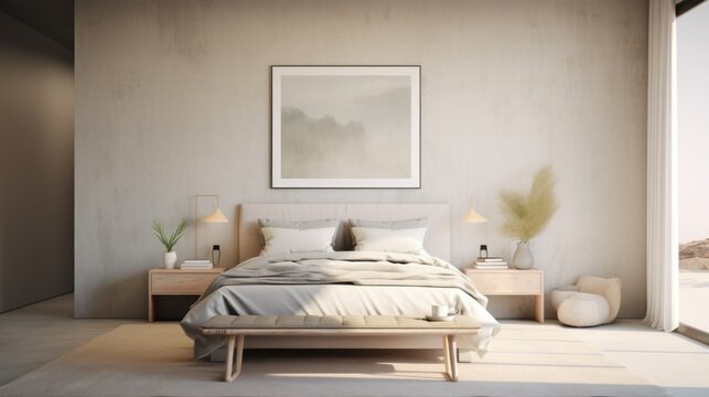  a bed sitting in a bedroom next to a window with a picture on the wall above it and a painting on the wall above it.