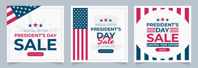 President’s day promotional square backgrounds for advertising and social media. Set of sale event cards for shopping and business. Collection of vector templates with text and patriotic symbols.