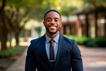 Portrait of an attractive african american man in a suit outdoors. Generative Ai.