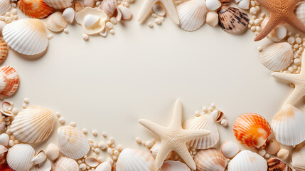 Neutral beige and white background with a pattern of seashells with an empty space in the center