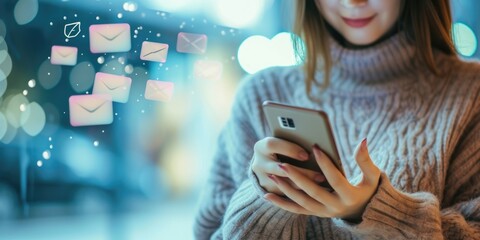 Fototapeta premium Young woman holding a smartphone with e-mail icons flying around
