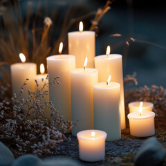 Experience the serene and tranquil ambiance of lit candles among the natural elements, creating a peaceful and calming atmosphere.
