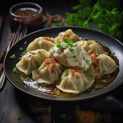 A close-up image of freshly prepared dumplings, garnished with a creamy sauce, herbs, and spices, presented in a dark aesthetic setting.