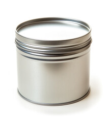 Stock image description: "High-resolution image of a silver tin container with a sealed lid, perfect for packaging design presentations.
