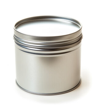 Stock image description: "High-resolution image of a silver tin container with a sealed lid, perfect for packaging design presentations.