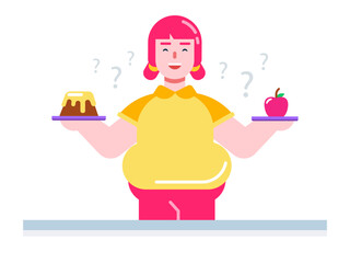 Fat girl is confused eother to eat apple or cake. Dessert vector illustrations.