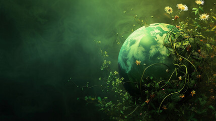 An artistic representation of the planet wrapped in lush vines and flowers, green Planet, dynamic and dramatic compositions, with copy space