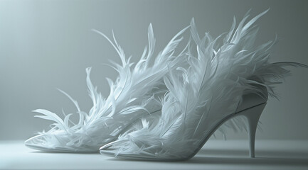 White high heel shoes with feathers. The concept of easy walking