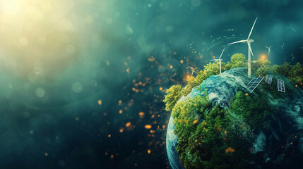 A digital rendering of Earth with green energy symbols like wind turbines and solar panels, green Planet, dynamic and dramatic compositions, with copy space - obrazy, fototapety, plakaty