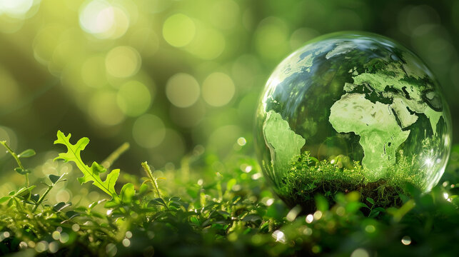 A globe encased in a bubble, symbolizing protection and sustainability, against a green backdrop, green Planet, dynamic and dramatic compositions, with copy space