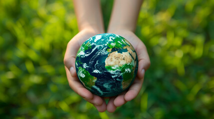The Earth cradled in green hands, emphasizing environmental stewardship, green Planet, dynamic and dramatic compositions, with copy space
