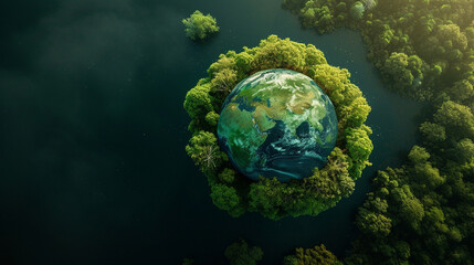 Obraz na płótnie Canvas A globe surrounded by a ring of trees and natural elements, forming a harmonious circle, green Planet, dynamic and dramatic compositions, with copy space