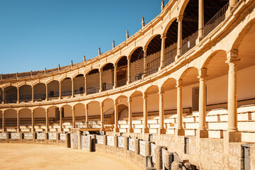 Plaza de Toros (Bullring) in Ronda, Spain. A popular and historic bullring known for its elegant...