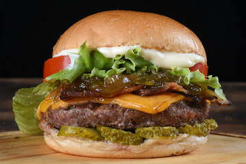 sandwich burger meat with cheddar cheese mayonnaise salad brioche bread street fast food