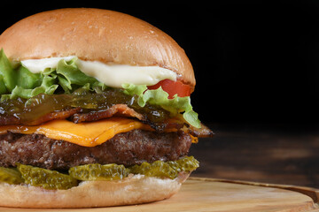 sandwich burger meat with cheddar cheese mayonnaise salad brioche bread street fast food