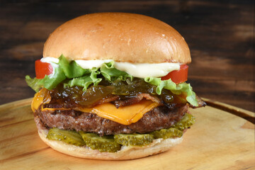 sandwich burger meat with cheddar cheese mayonnaise salad brioche bread street fast food